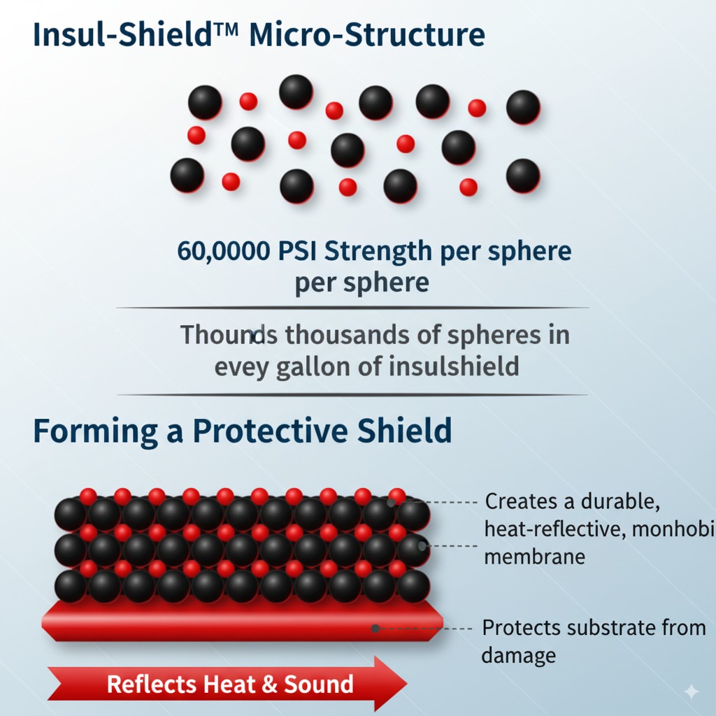 InsulShield micro-structure showing 60,000 PSI strength per sphere with thousands of spheres in every gallon, forming a protective shield that creates a durable, heat-reflective, monolithic membrane while protecting substrate from damage